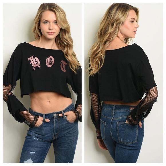 Hot & Delicious - Solid Cropped Mesh Sleeve Boatneck Top