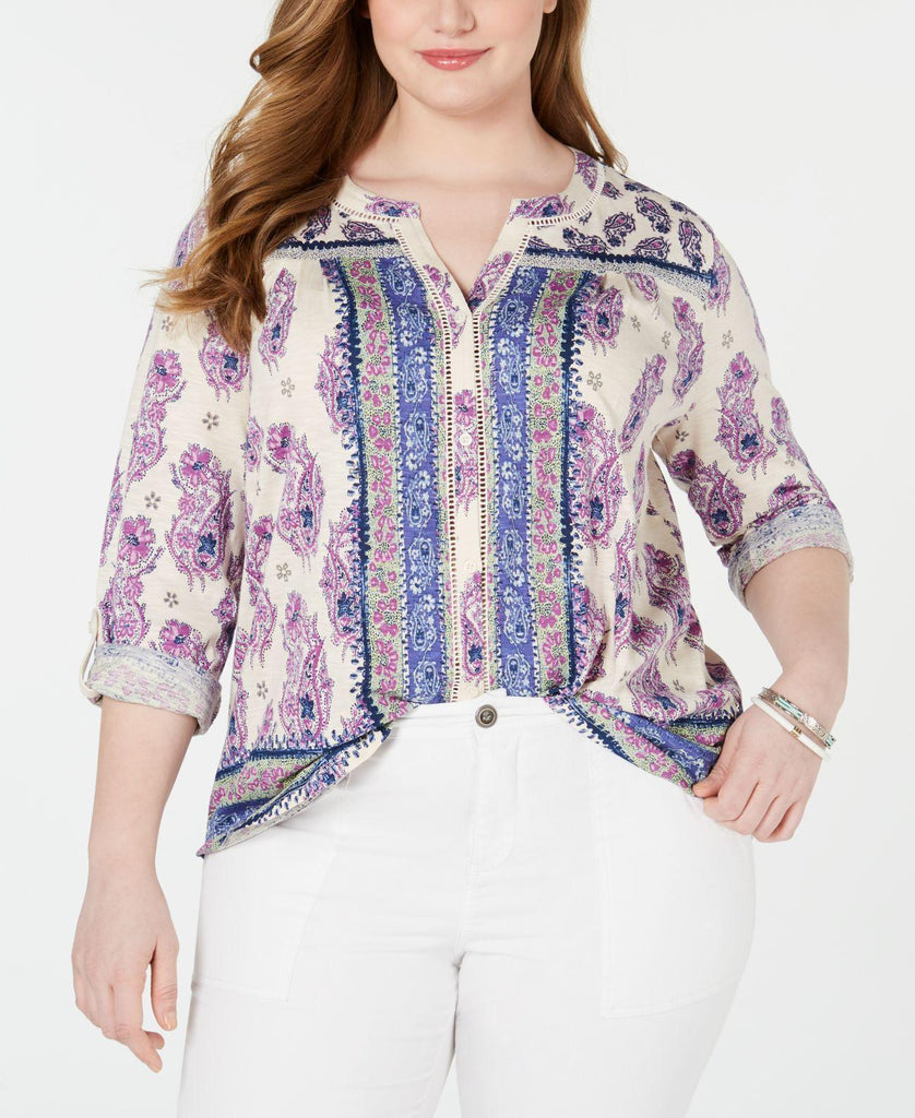 Style & Co. - Mixed Print Ladder Trim Button-up Blouse