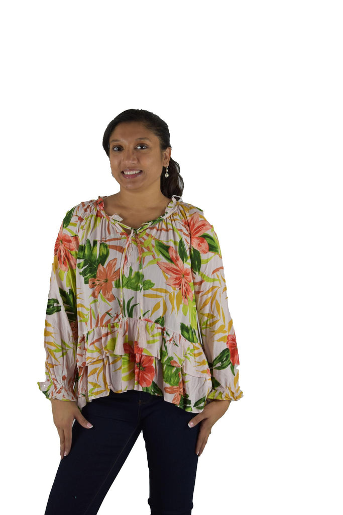 Style & Co - Tropical Floral Print V-Neck Blouse with Tassle Detail
