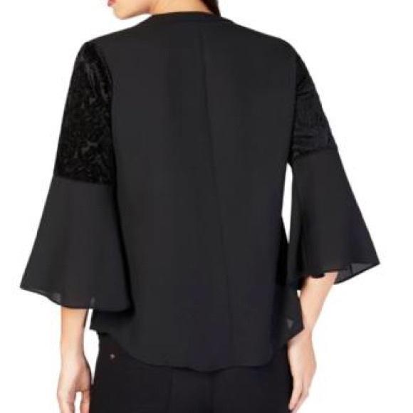 NY Collection - Solid Velvet Detail Bell Sleeve Button Up Blouse