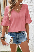 Load image into Gallery viewer, Peach Blossom Ruffled Short Sleeve V Neck Textured Blouse
