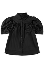 Load image into Gallery viewer, Black Ruched Puff Sleeve Loose Buttoned Up Blouse
