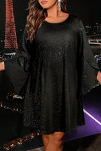 Load image into Gallery viewer, Black Bell Sleeve Shiny Plus Size Mini Dress
