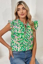 Load image into Gallery viewer, Green Abstract Print Frill Split Neck Ruffle Sleeveless Top

