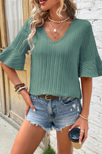Load image into Gallery viewer, Peach Blossom Ruffled Short Sleeve V Neck Textured Blouse
