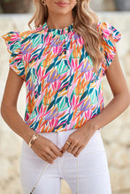 Load image into Gallery viewer, Rose Red Abstract Print Ruffled Flutter Shoulder Blouse
