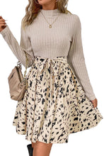 Load image into Gallery viewer, Beige Ribbed Knit Patchwork Abstract Printed Belted Short Dress
