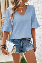 Load image into Gallery viewer, Peach Blossom Ruffled Short Sleeve V Neck Textured Blouse

