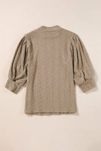 Load image into Gallery viewer, Taupe Textured Ruched Puff Sleeve Mock Neck Top
