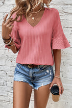 Load image into Gallery viewer, Peach Blossom Ruffled Short Sleeve V Neck Textured Blouse
