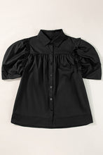 Load image into Gallery viewer, Black Ruched Puff Sleeve Loose Buttoned Up Blouse
