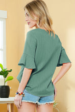 Load image into Gallery viewer, Peach Blossom Ruffled Short Sleeve V Neck Textured Blouse
