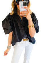 Load image into Gallery viewer, Black Ruched Puff Sleeve Loose Buttoned Up Blouse
