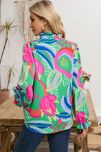 Load image into Gallery viewer, Green Abstract Print Ruffled Sleeve Buttoned V Neck Blouse
