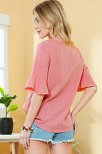 Load image into Gallery viewer, Peach Blossom Ruffled Short Sleeve V Neck Textured Blouse
