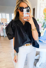 Load image into Gallery viewer, Black Ruched Puff Sleeve Loose Buttoned Up Blouse
