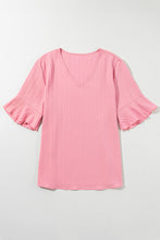 Load image into Gallery viewer, Peach Blossom Solid Color Textured V Neck Short Sleeve Plus Size Blouse
