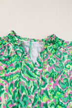 Load image into Gallery viewer, Green Abstract Print Frill Split Neck Ruffle Sleeveless Top
