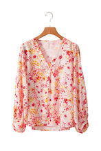 Load image into Gallery viewer, Pink Floral Print V-Neck Lantern Sleeve Blouse
