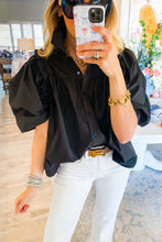 Load image into Gallery viewer, Black Ruched Puff Sleeve Loose Buttoned Up Blouse
