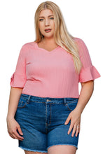 Load image into Gallery viewer, Peach Blossom Solid Color Textured V Neck Short Sleeve Plus Size Blouse
