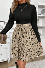 Load image into Gallery viewer, Beige Ribbed Knit Patchwork Abstract Printed Belted Short Dress
