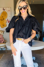 Load image into Gallery viewer, Black Ruched Puff Sleeve Loose Buttoned Up Blouse
