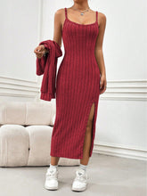 Load image into Gallery viewer, Ribbed Long Sleeve Cropped Cardigan and Slit Cami Dress Set
