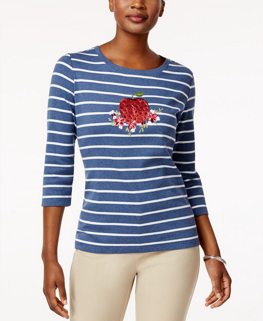 Karen Scott - Embroidered Strawberry on Boat Neck Striped Top