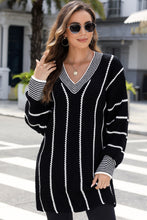 Load image into Gallery viewer, Black Contrast V Neck Loose Tunic Sweater
