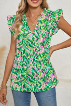 Load image into Gallery viewer, Green Abstract Print Frill Split Neck Ruffle Sleeveless Top
