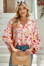 Load image into Gallery viewer, Pink Floral Print V-Neck Lantern Sleeve Blouse
