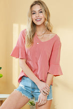 Load image into Gallery viewer, Peach Blossom Ruffled Short Sleeve V Neck Textured Blouse
