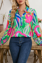 Load image into Gallery viewer, Green Abstract Print Ruffled Sleeve Buttoned V Neck Blouse
