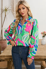Load image into Gallery viewer, Green Abstract Print Ruffled Sleeve Buttoned V Neck Blouse
