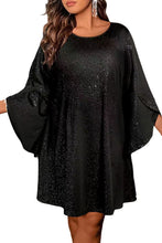 Load image into Gallery viewer, Black Bell Sleeve Shiny Plus Size Mini Dress
