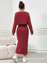 Load image into Gallery viewer, Ribbed Long Sleeve Cropped Cardigan and Slit Cami Dress Set
