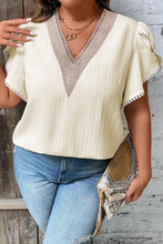 Load image into Gallery viewer, Beige Contrast Guipure Lace Petal Sleeve Plus Size Blouse
