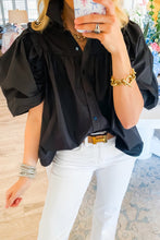 Load image into Gallery viewer, Black Ruched Puff Sleeve Loose Buttoned Up Blouse
