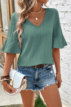 Load image into Gallery viewer, Peach Blossom Ruffled Short Sleeve V Neck Textured Blouse
