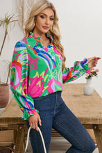 Load image into Gallery viewer, Green Abstract Print Ruffled Sleeve Buttoned V Neck Blouse
