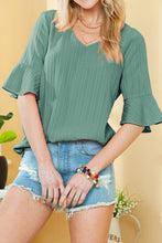 Load image into Gallery viewer, Peach Blossom Ruffled Short Sleeve V Neck Textured Blouse
