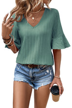 Load image into Gallery viewer, Peach Blossom Ruffled Short Sleeve V Neck Textured Blouse
