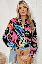 Load image into Gallery viewer, Green Abstract Print Ruffled Sleeve Buttoned V Neck Blouse

