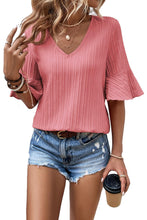 Load image into Gallery viewer, Peach Blossom Ruffled Short Sleeve V Neck Textured Blouse
