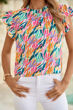 Load image into Gallery viewer, Rose Red Abstract Print Ruffled Flutter Shoulder Blouse
