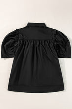 Load image into Gallery viewer, Black Ruched Puff Sleeve Loose Buttoned Up Blouse
