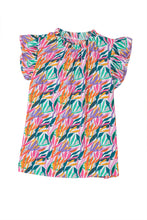 Load image into Gallery viewer, Rose Red Abstract Print Ruffled Flutter Shoulder Blouse
