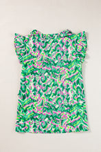 Load image into Gallery viewer, Green Abstract Print Frill Split Neck Ruffle Sleeveless Top
