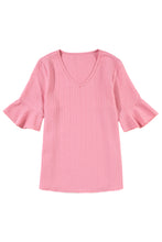 Load image into Gallery viewer, Peach Blossom Ruffled Short Sleeve V Neck Textured Blouse
